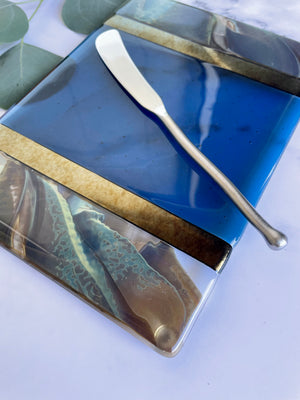 Fused Glass Cheese Plate with Knife - Ocean Blue and Sand Marble